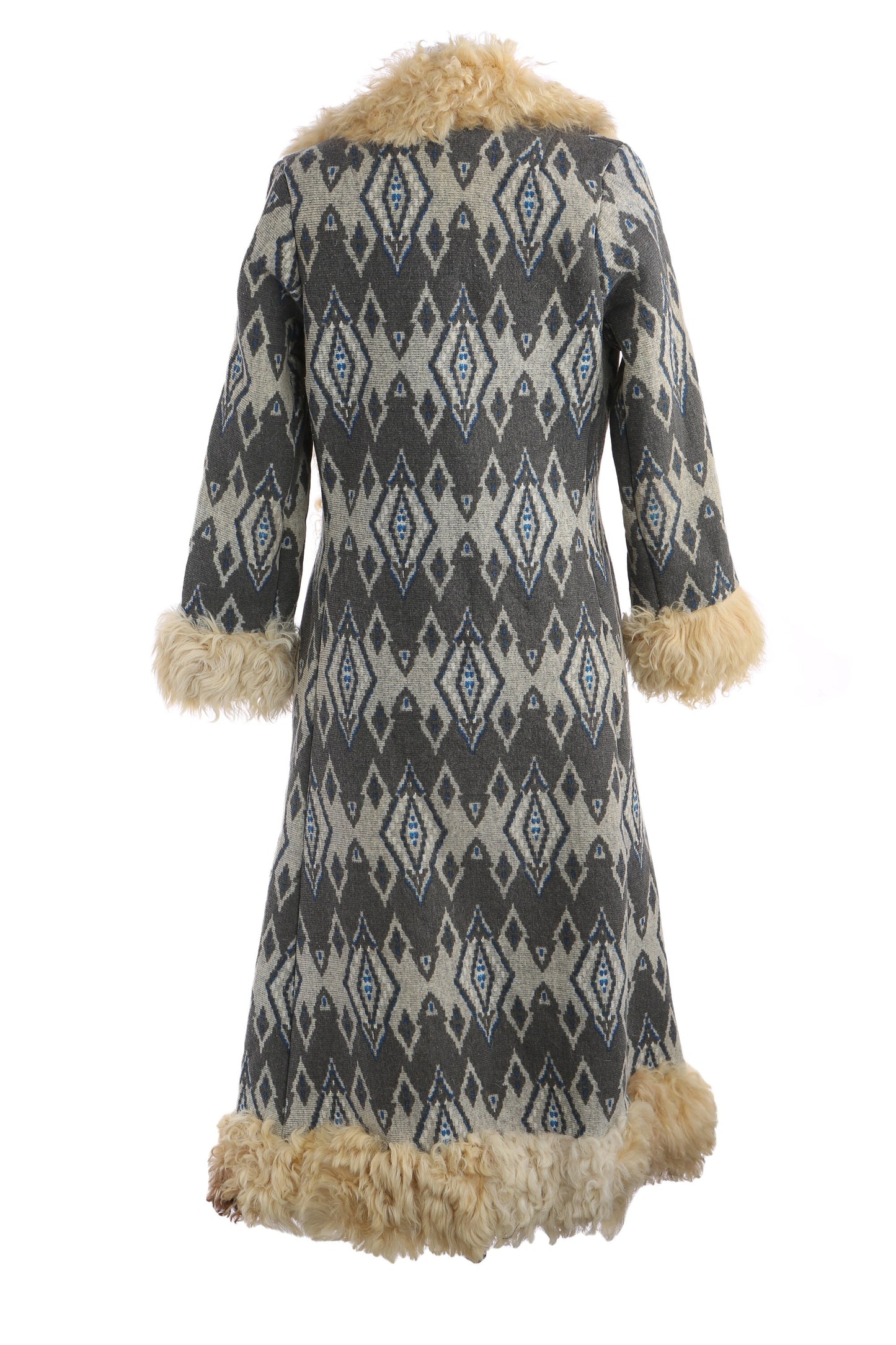 Vintage Women Long Shearling Coat with Tribal Print by I. Magnin - Estimated Era 1970's - 1980's