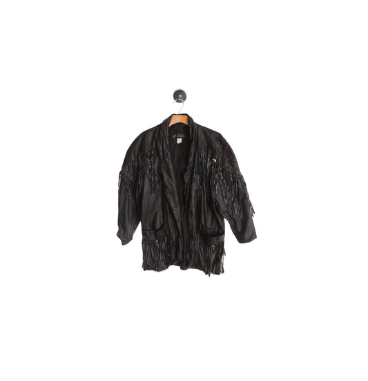 Women Black Fringe Leather Jacket - Western Style - Era 80s - 90s