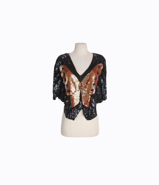 Vintage Women's Black Sequin Blouse - Made in India - Estimated Era 1970's - 1980's