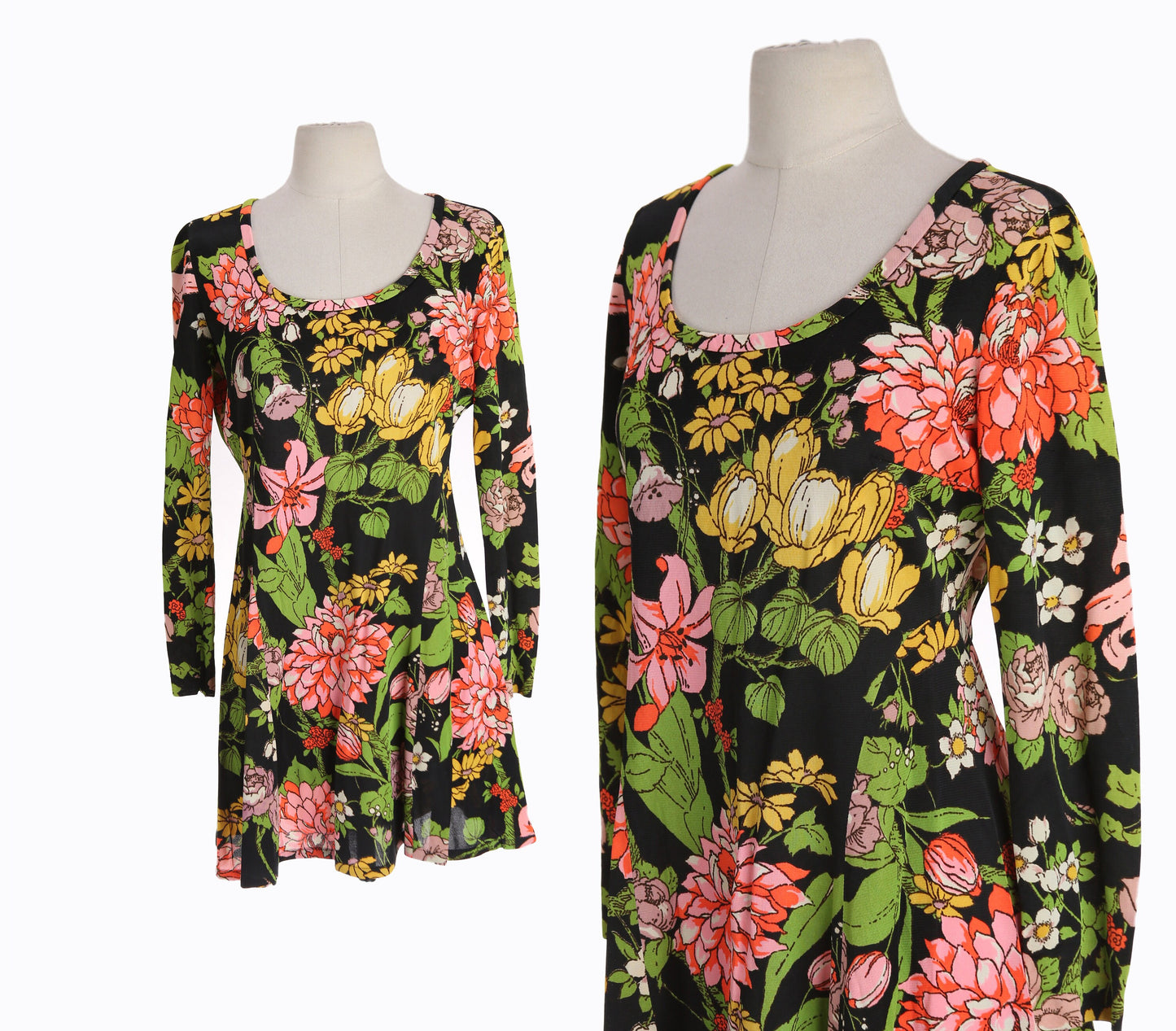 70s Women's Black Floral Print Summer Dress