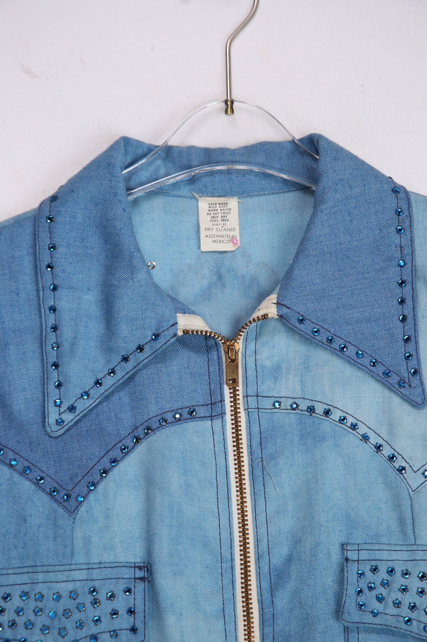 70's Blue Denim Jacket with Rhinestone Designs - Women's Size Large - Men's Size Small