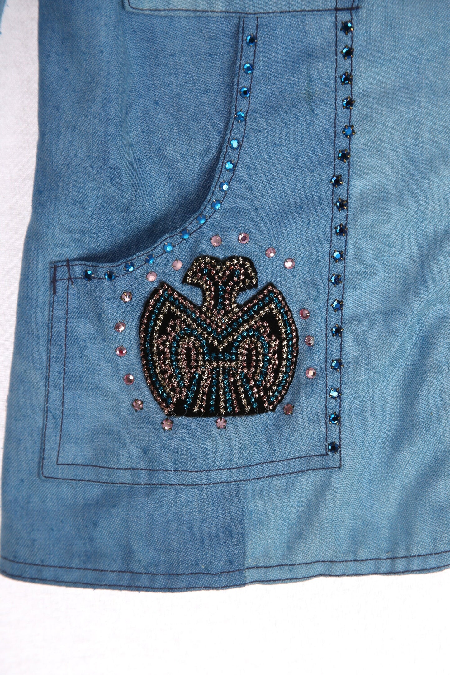 70's Blue Denim Jacket with Rhinestone Designs - Women's Size Large - Men's Size Small