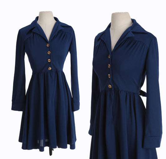 70's Women Blue Casual Dress with Waist Belt