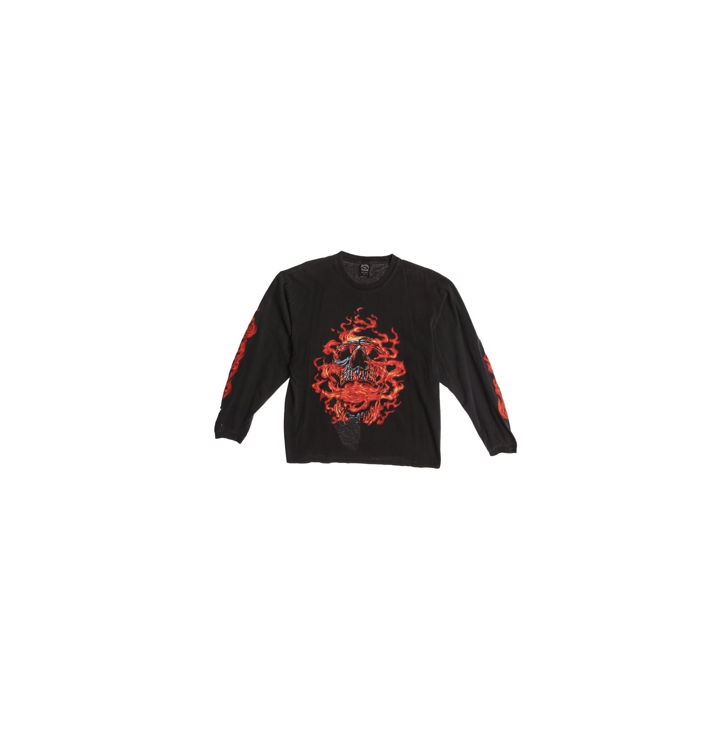 Silver Skull in Flames Long Sleeve Black Graphic Shirt