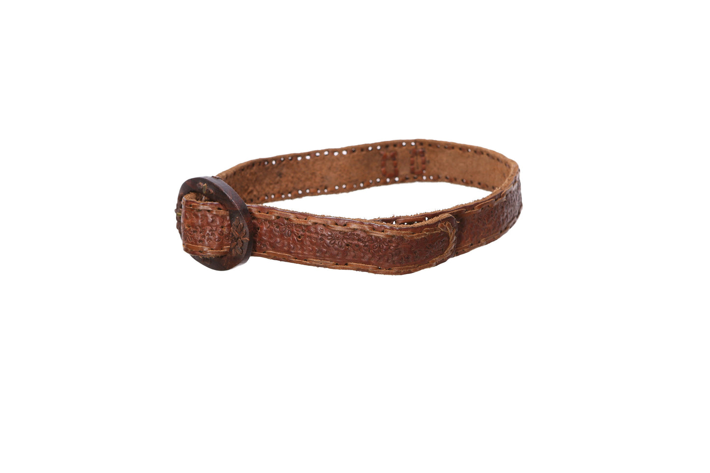 Vintage Brown Tooled Leather Belt with Wooded Belt Buckle