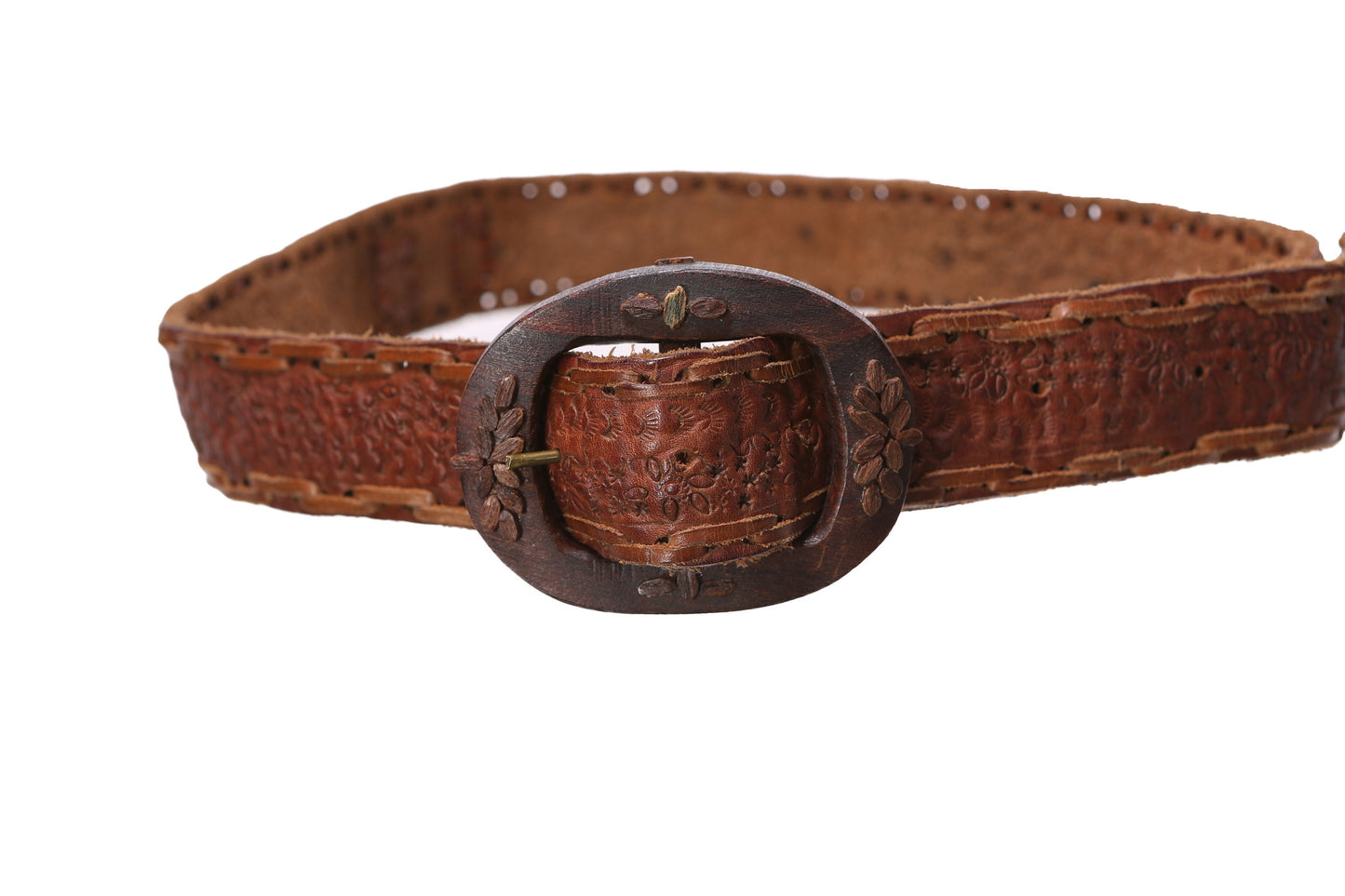 Vintage Brown Tooled Leather Belt with Wooded Belt Buckle