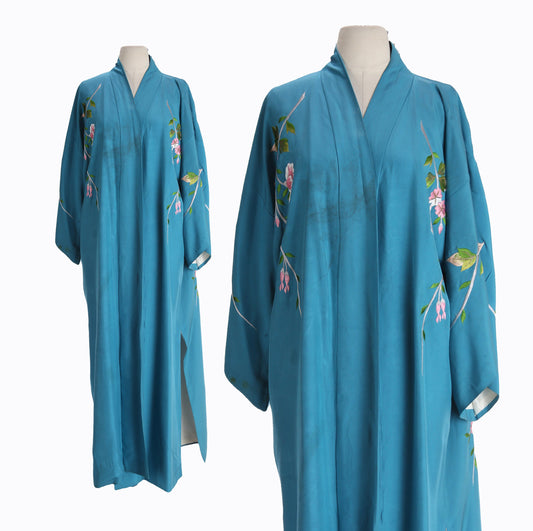 Vintage Japanese Kimono Robe with Back Floral Embroidery by Ichi-Fuji Co. - Estimated Era 1970's - 1990's