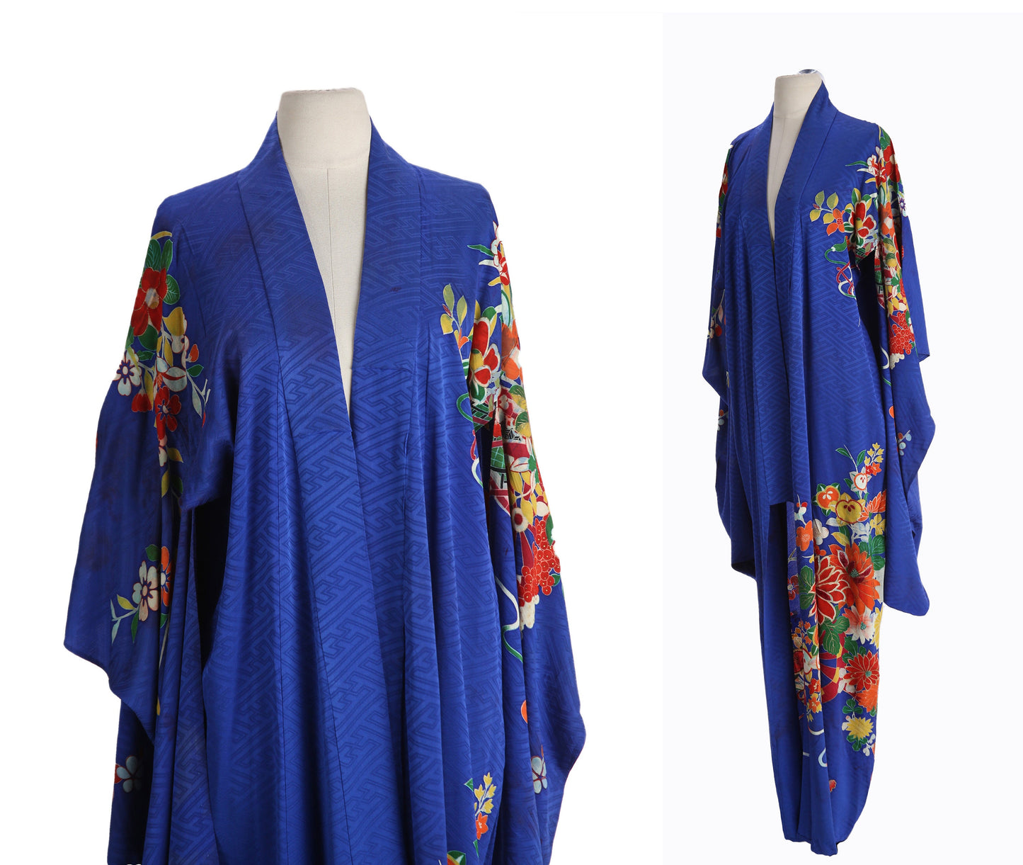 Vintage Floral Print Blue Kimono Robe