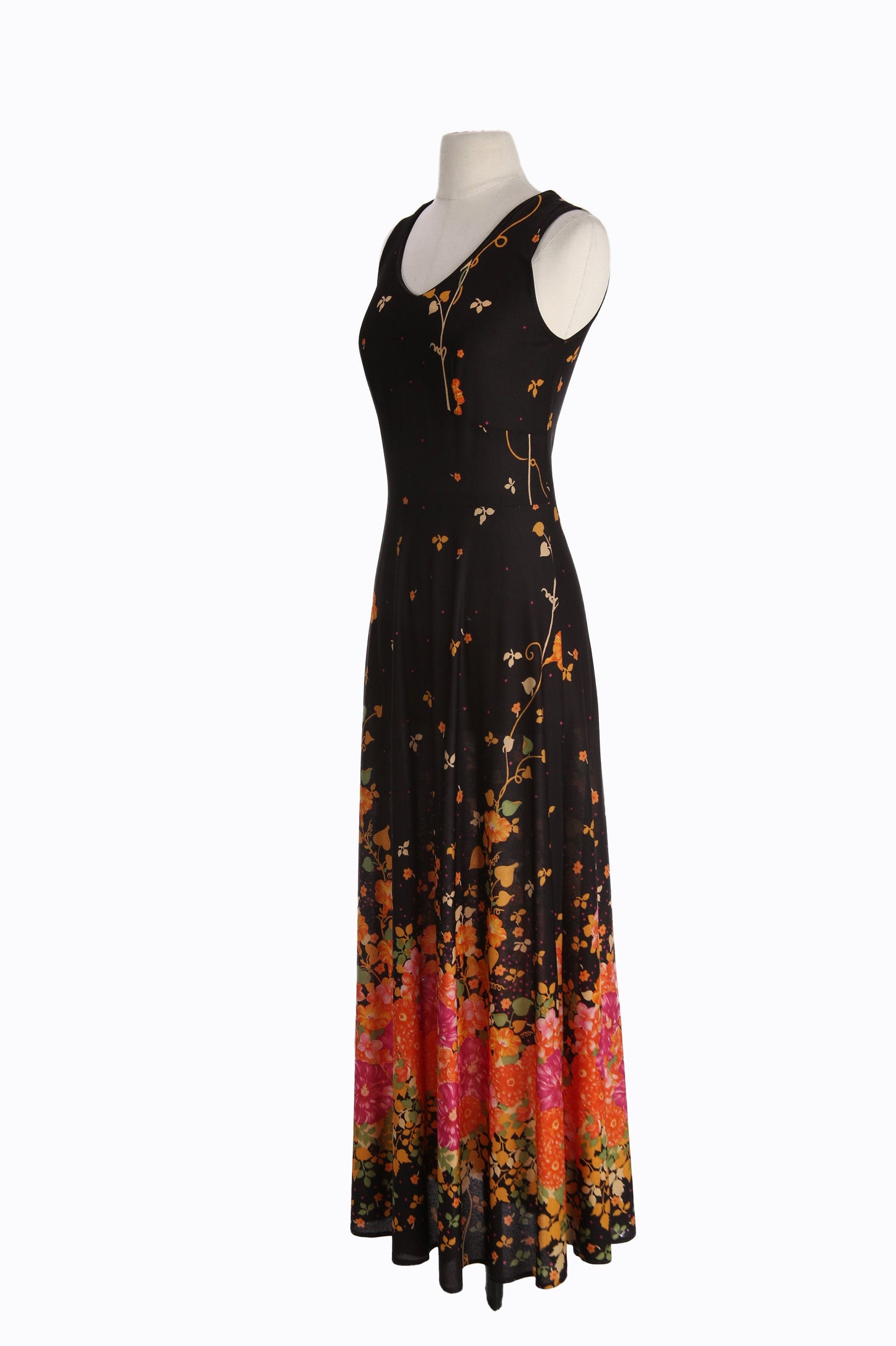 70s Women Black Floral Print Long Casual Dress