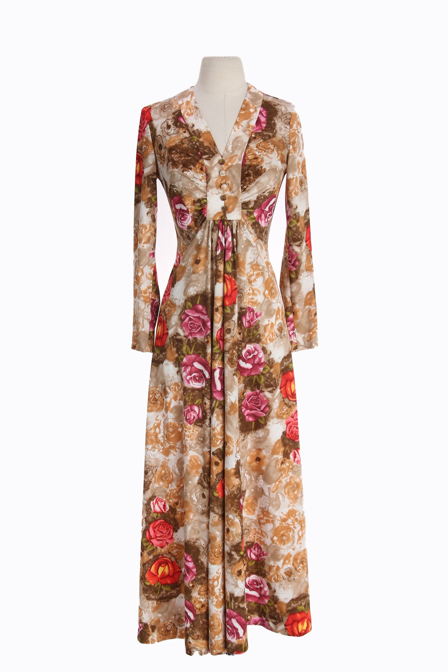 70s Women Brown Floral Print Long Dress