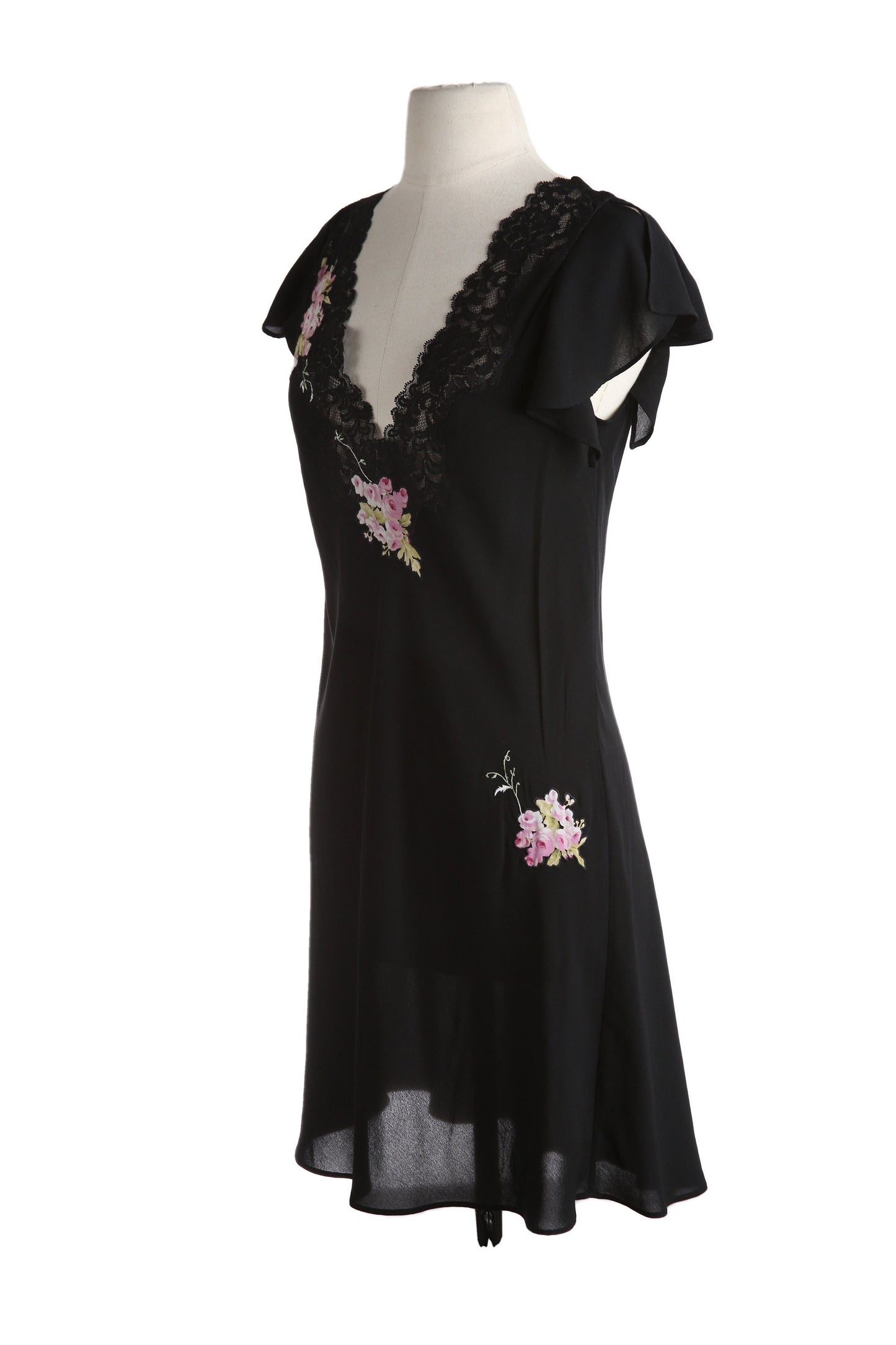 Y2K Black Casual Dress with Floral Print Details and Lace Collar