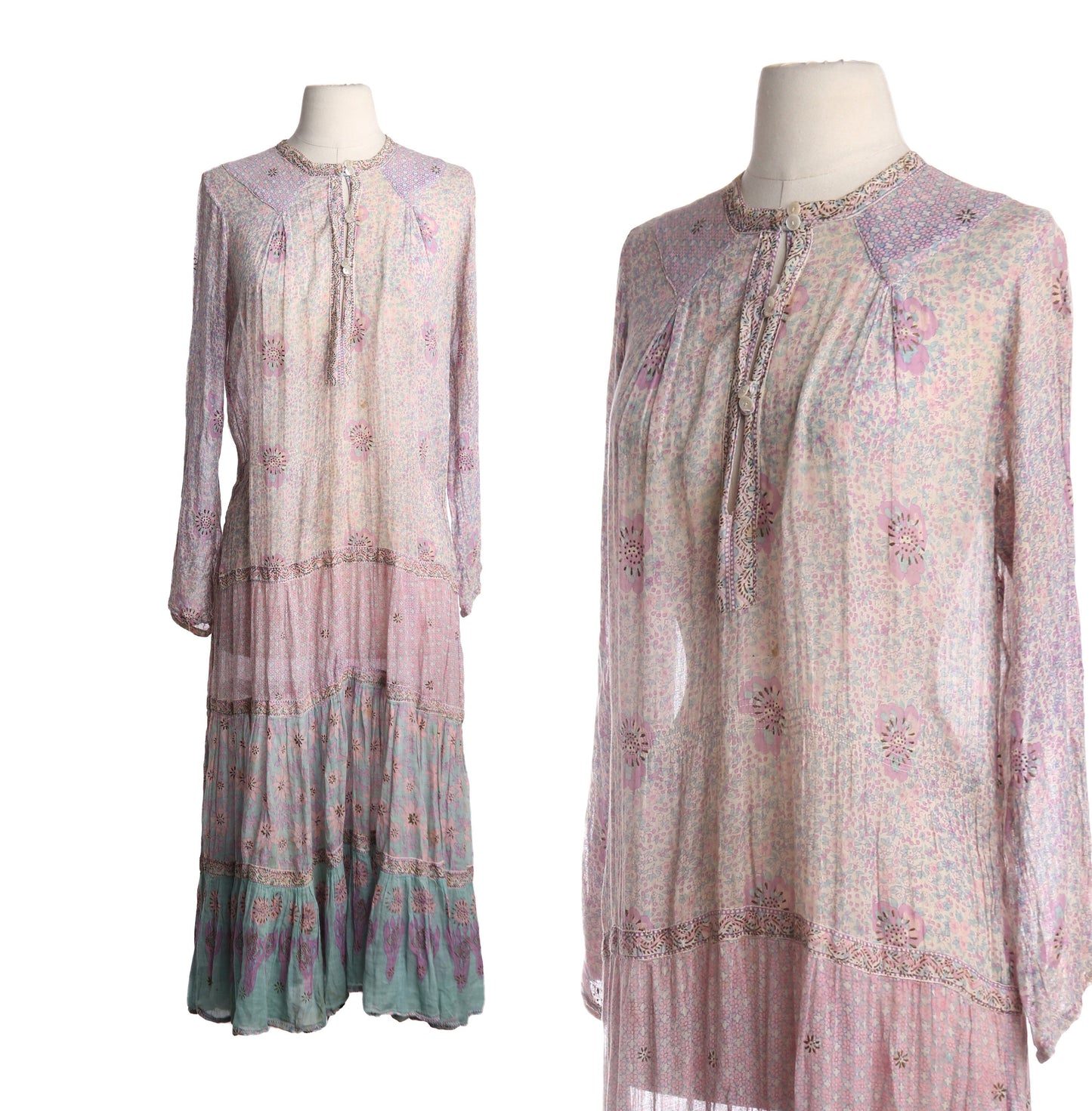 Vintage Boho Dress with Pink Flora Print Pattern by Orient's Exclusive - Made in India - Estimated Era 1970's - 1980's