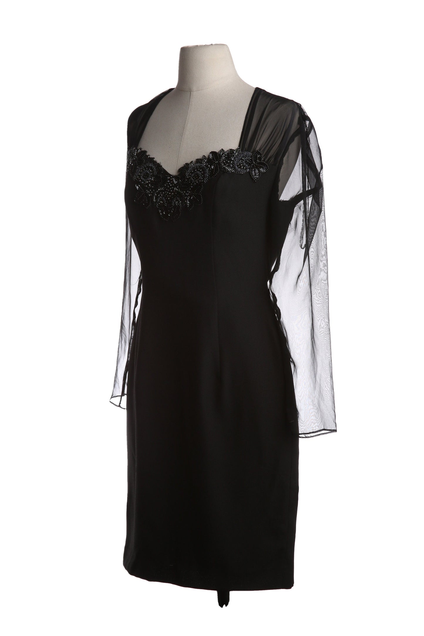 90s Women's Black Evening Dress with Sheer Sleeves