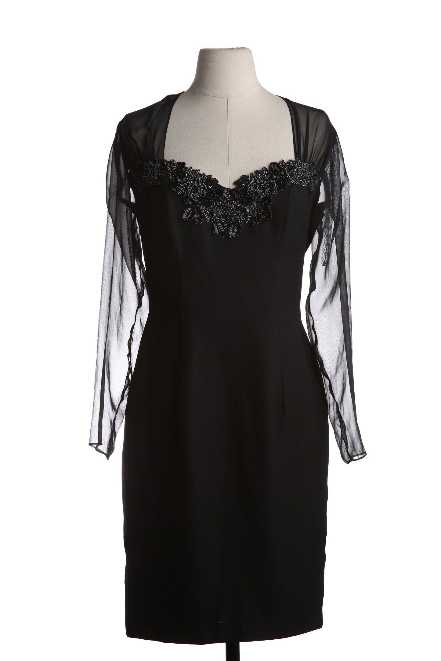 90s Women's Black Evening Dress with Sheer Sleeves