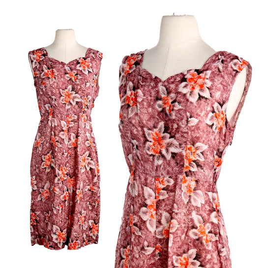 Vintage Women's Brown Floral Print Hawaiian Dress - Estimated Era 1940's - 1950's