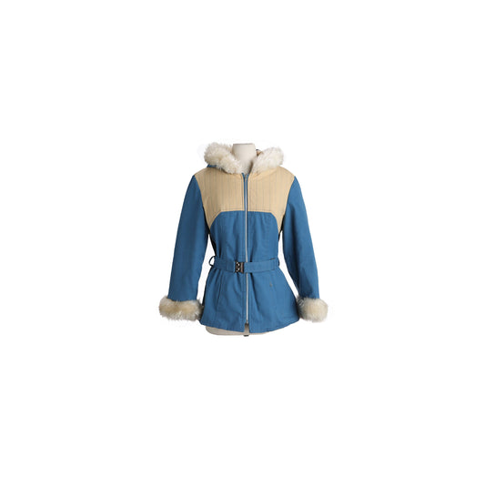 Vintage Women's Blue Ski Jacket with Fur Hood - Estimated Era 1970's - 1980's