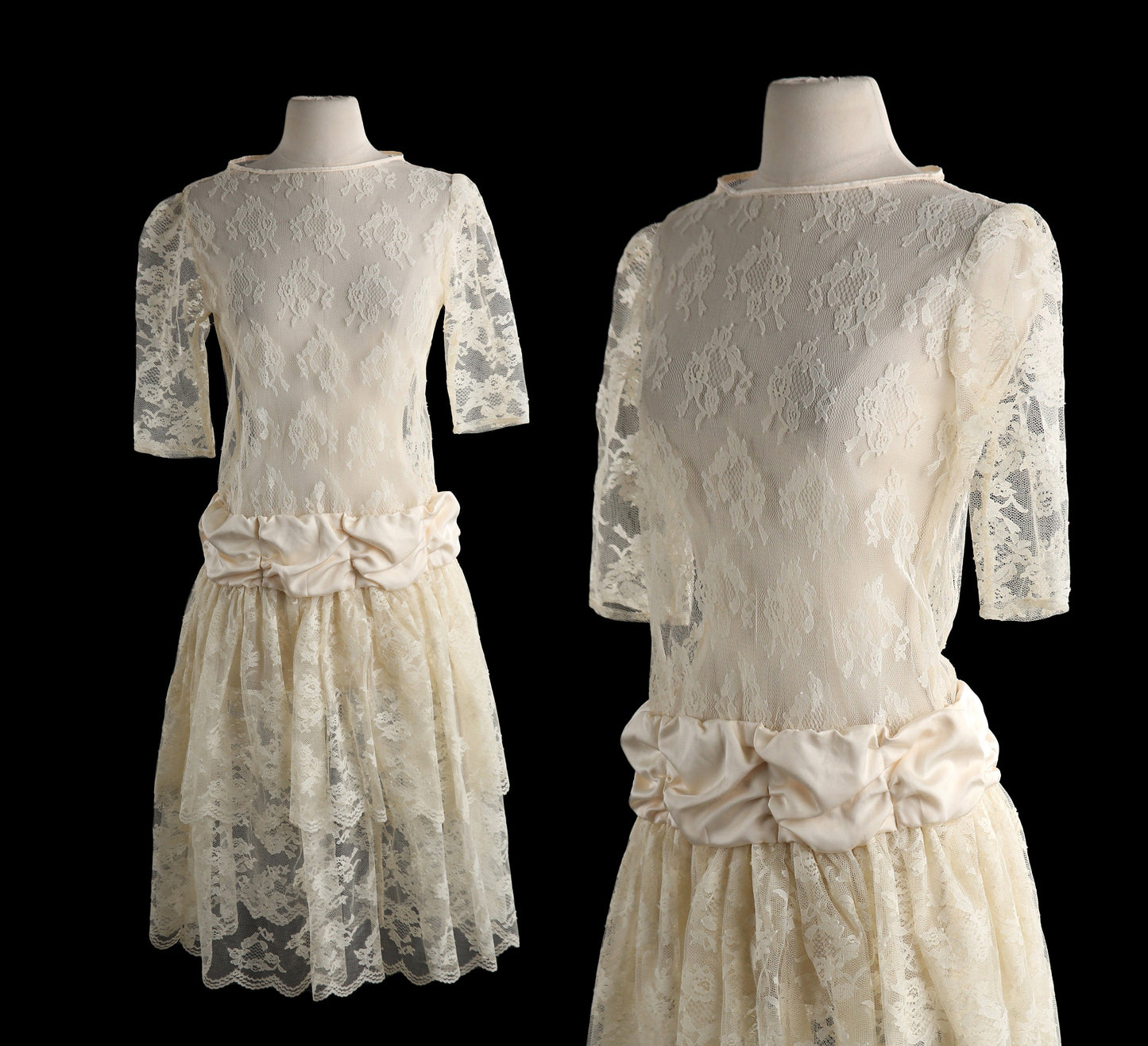 Vintage White Lace Casual Dress - Estimated Era 1980's - 1990's - Floral Lace Fabric Pattern
