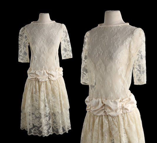 Vintage White Lace Casual Dress - Estimated Era 1980's - 1990's - Floral Lace Fabric Pattern