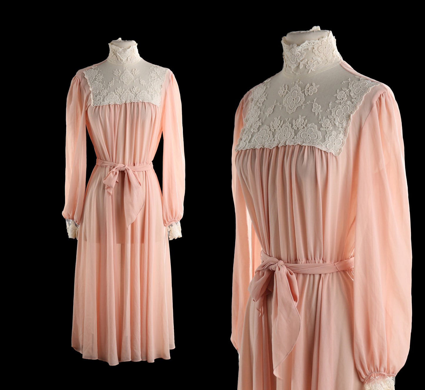 1980's Women Pink Casual Dress with Chest Lace Pattern Prairie Evening