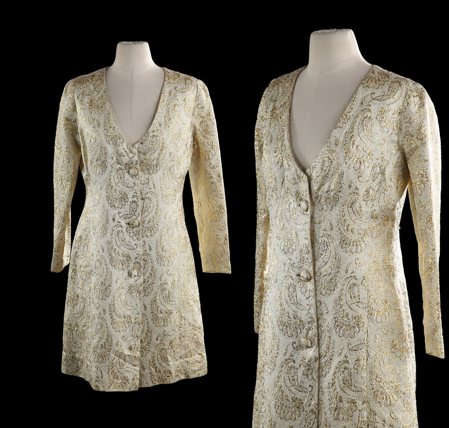 Vintage Button Down Dress with Golden Paisley Fabric Pattern - Estimated Era 1960' - 1970's