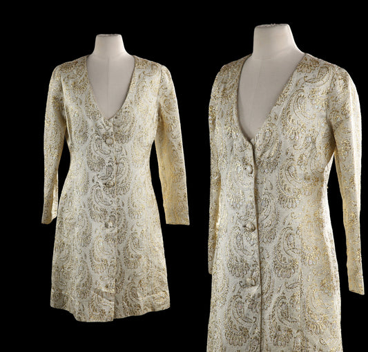 Vintage Button Down Dress with Golden Paisley Fabric Pattern - Estimated Era 1960' - 1970's