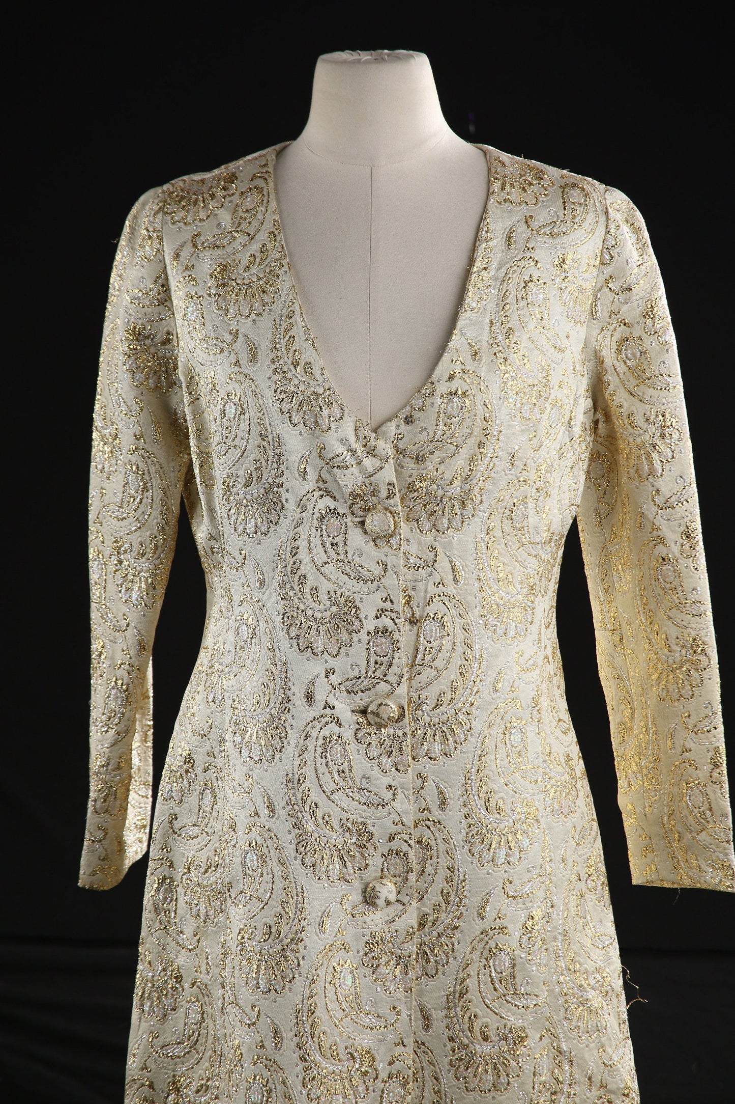 Vintage Button Down Dress with Golden Paisley Fabric Pattern - Estimated Era 1960' - 1970's