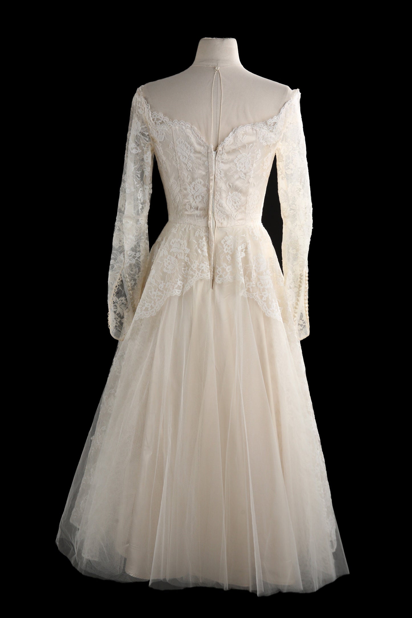 Vintage Wedding Dress - Lace Sleeves - Off Shoulder Collar - 1940's - 1960's White Floral Patter Fabric - BOX A093