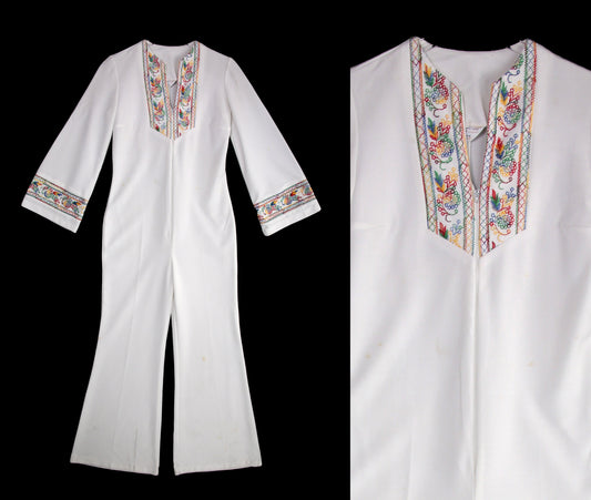 Vintage White Poly Jumpsuit with Embroidered Flower Chest Detail - Estimated Era 1970's - 1980's