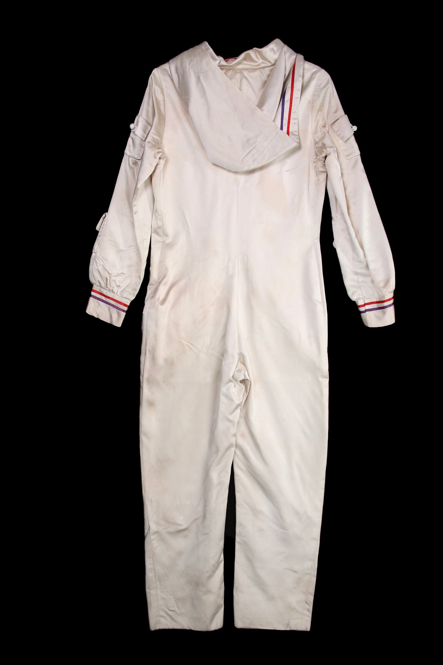 Vintage White Satin Long Sleeve Multi-pocket Jumpsuit - Estimated Era 1970's - 1980's