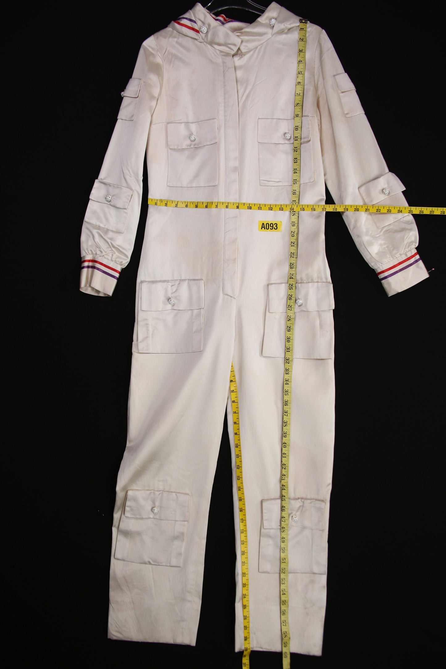 Vintage White Satin Long Sleeve Multi-pocket Jumpsuit - Estimated Era 1970's - 1980's