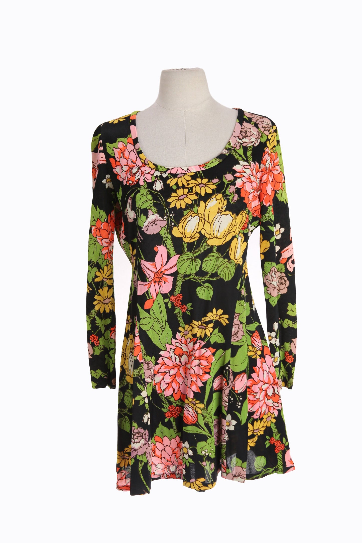 70s Women's Black Floral Print Summer Dress