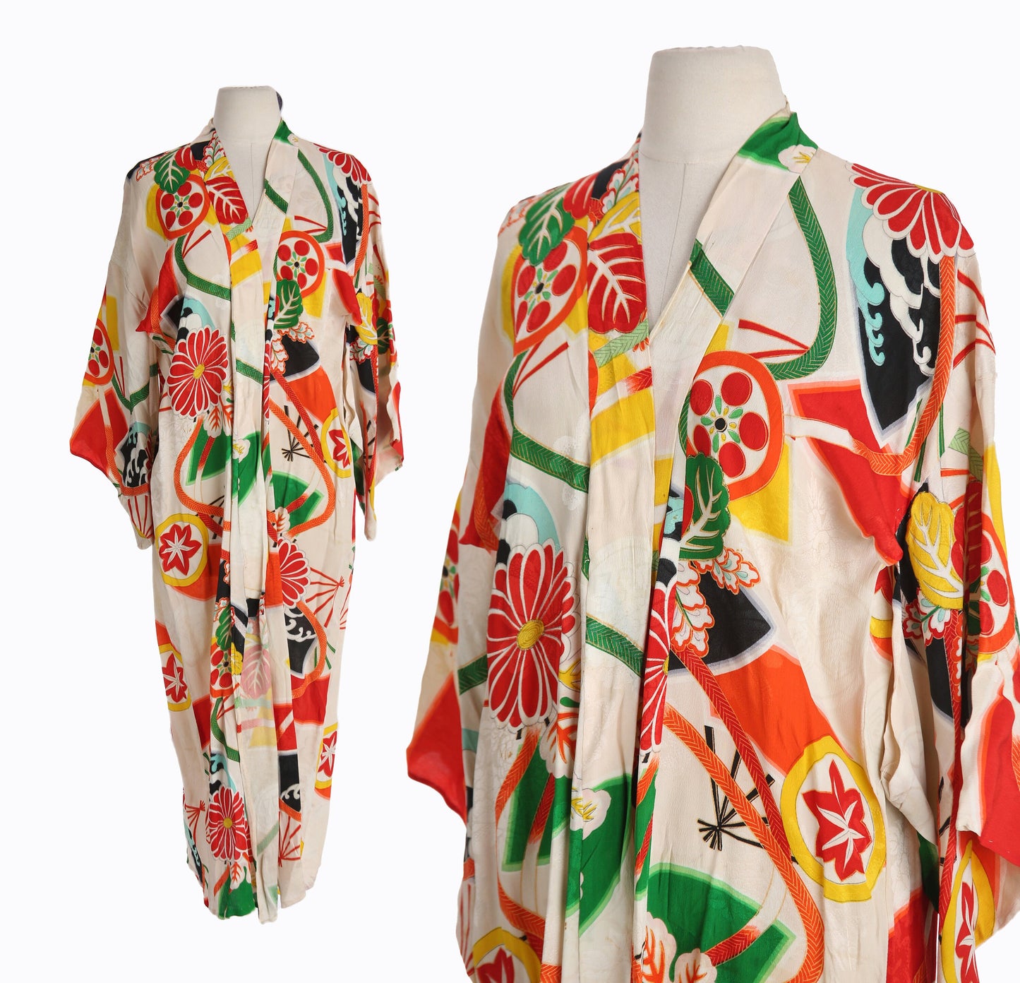 Vintage Kimono Robe with Flora Print Designs - Estimated Era 1970's - 1980's