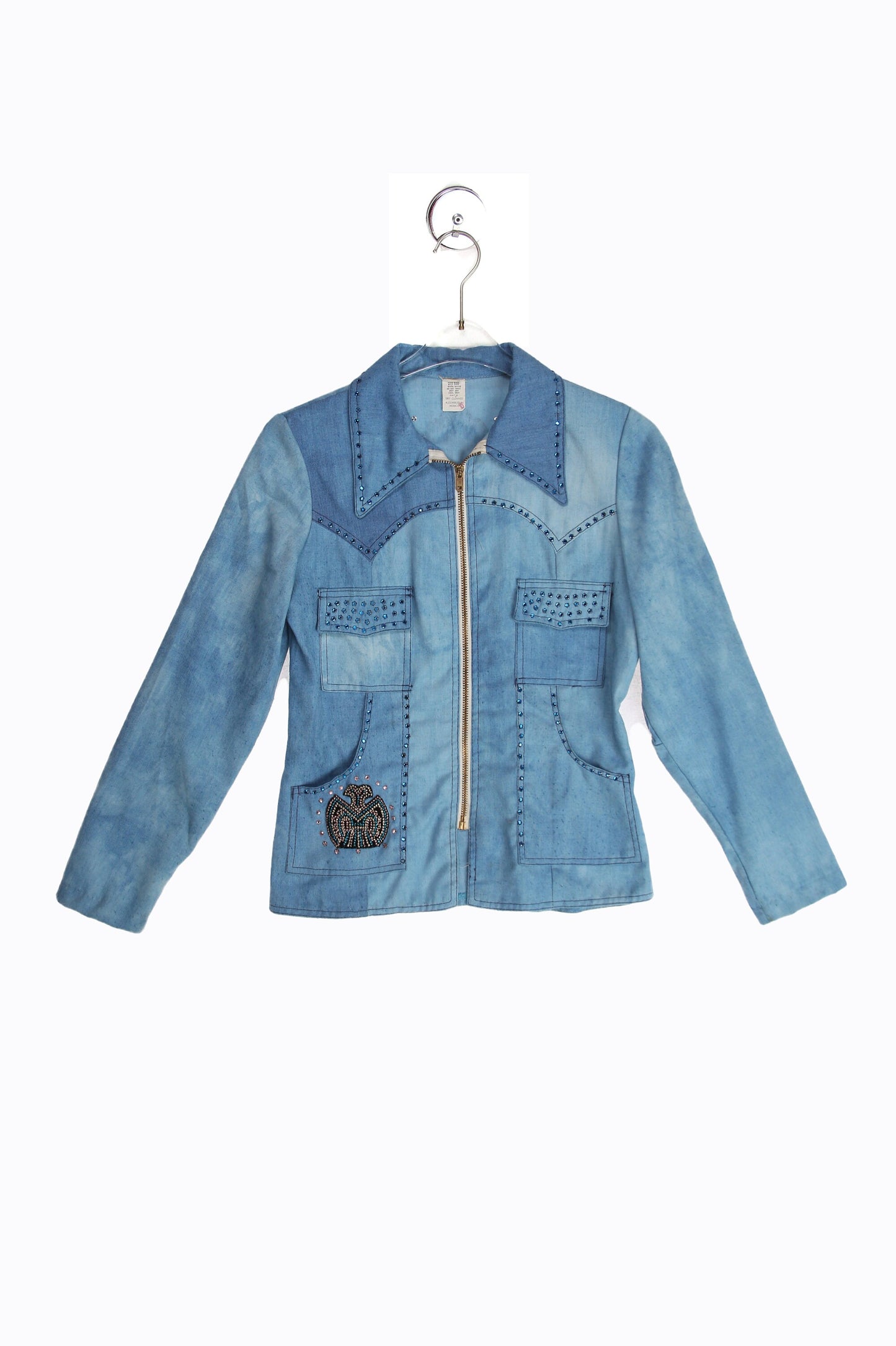 70's Blue Denim Jacket with Rhinestone Designs - Women's Size Large - Men's Size Small