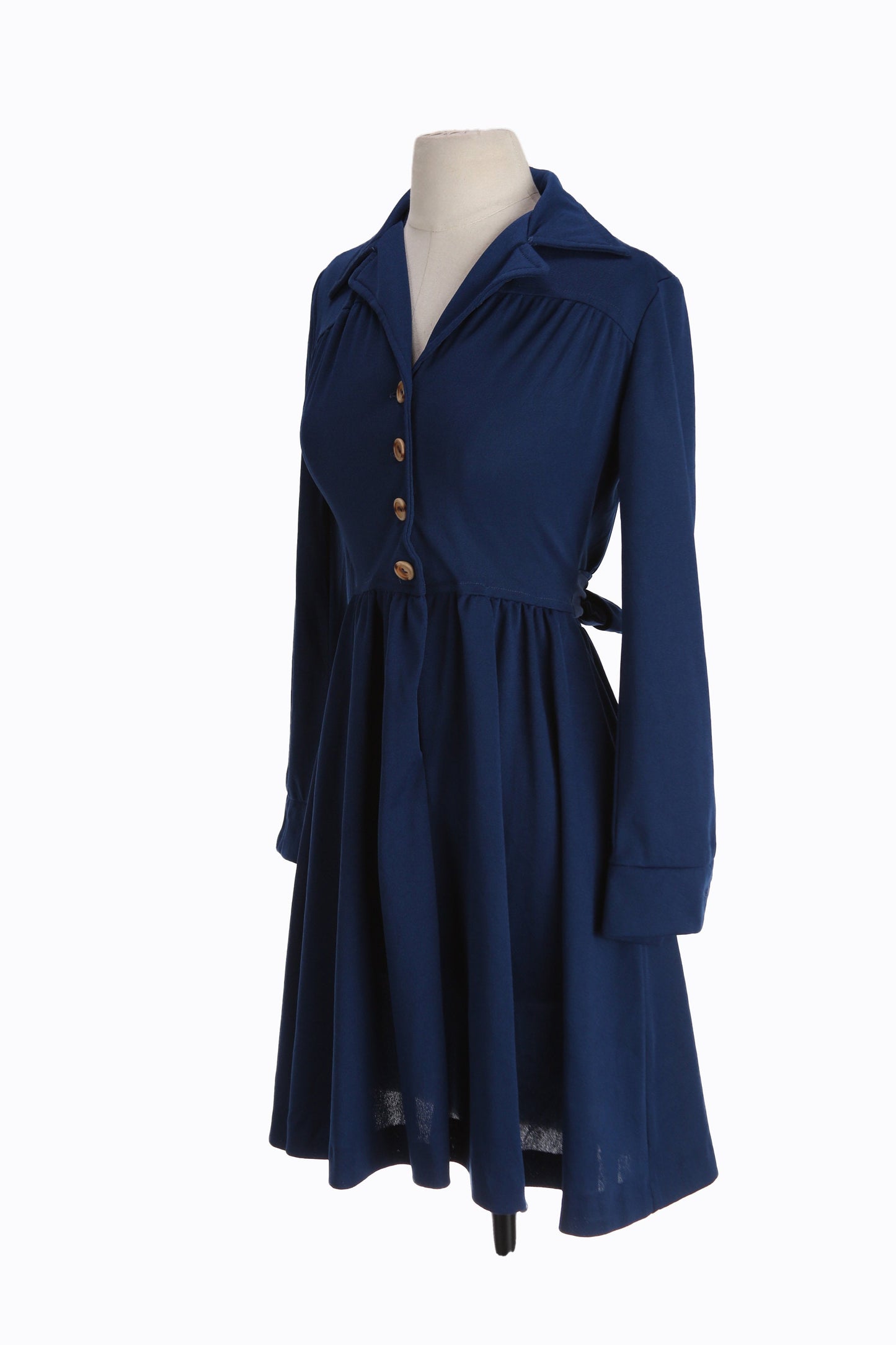 70's Women Blue Casual Dress with Waist Belt