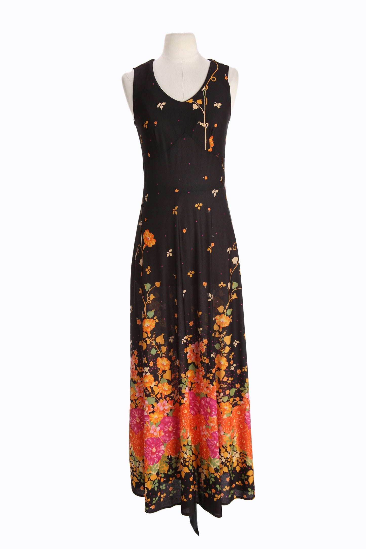 70s Women Black Floral Print Long Casual Dress