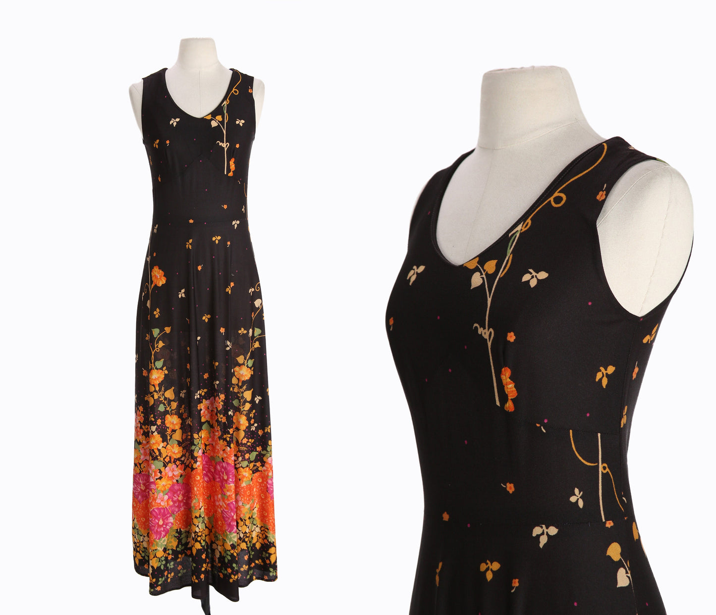 70s Women Black Floral Print Long Casual Dress