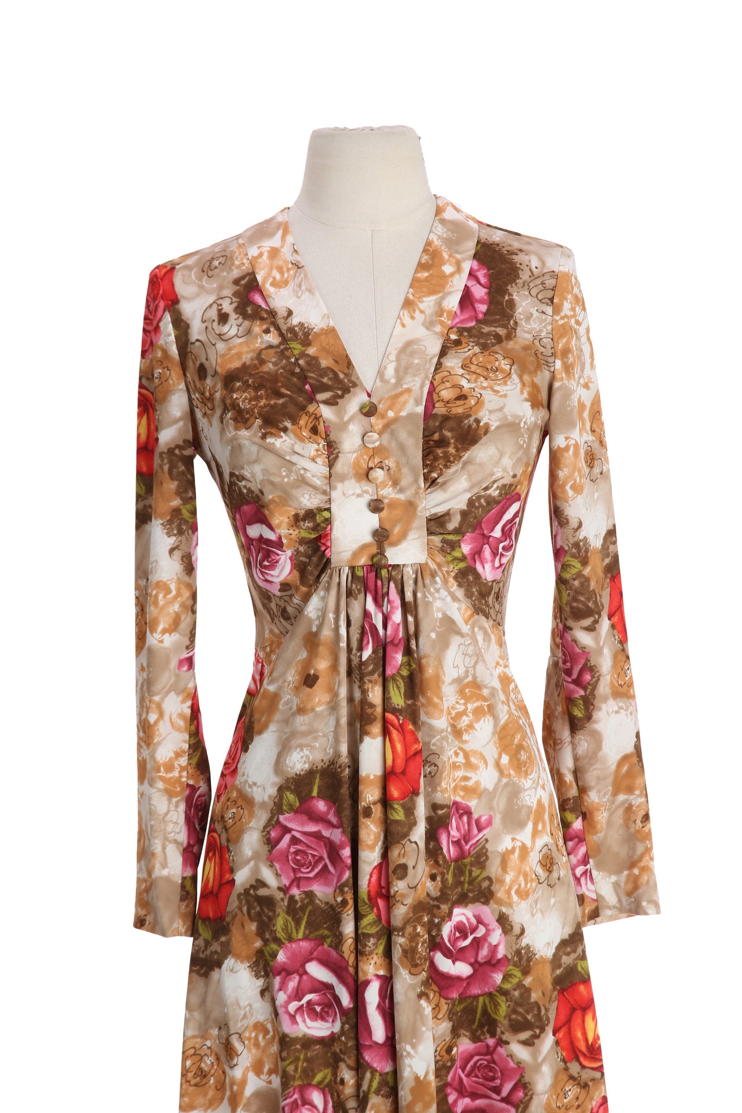 70s Women Brown Floral Print Long Dress