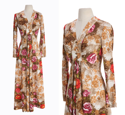 70s Women Brown Floral Print Long Dress