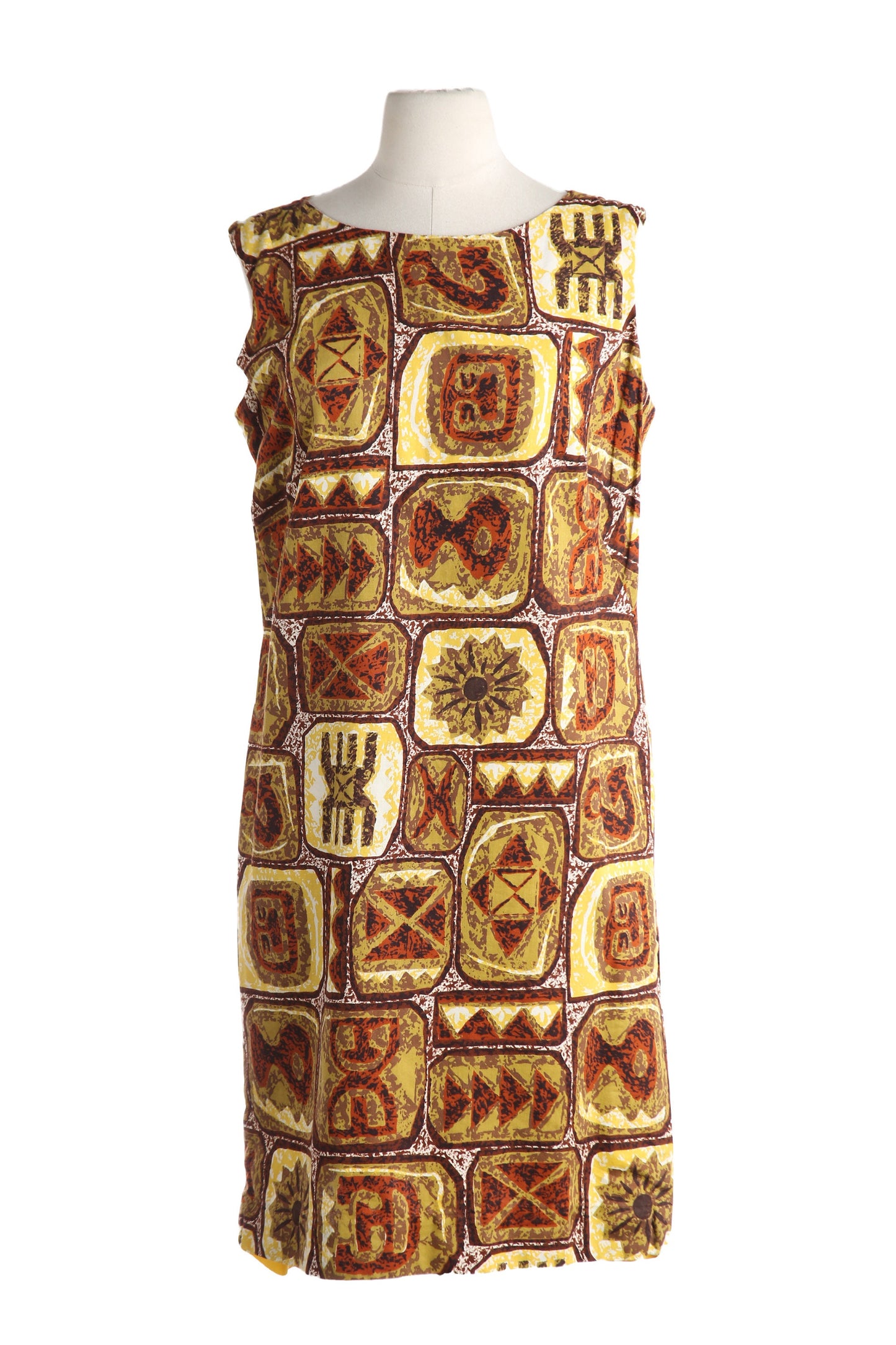 Vintage Hawaiian Dress with Tribal Hawaiian Print - Estimated Era 1960's - 1970's