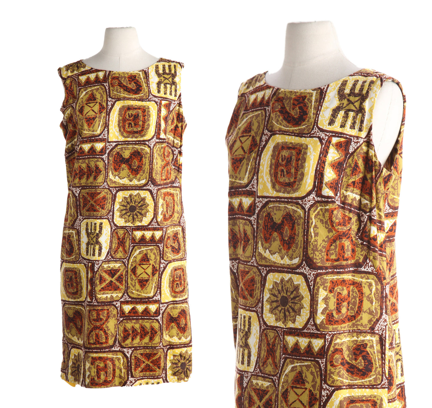 Vintage Hawaiian Dress with Tribal Hawaiian Print - Estimated Era 1960's - 1970's