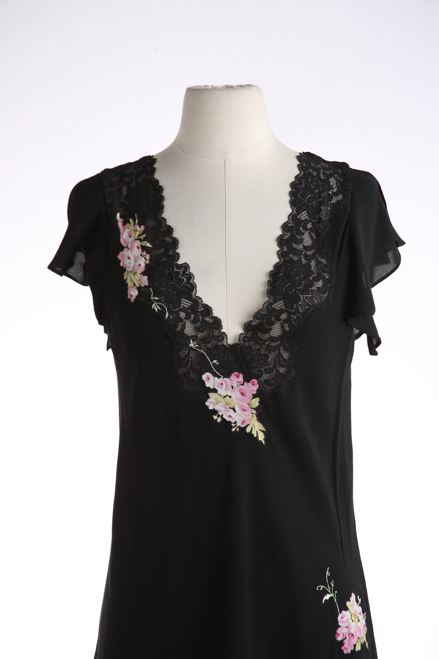 Y2K Black Casual Dress with Floral Print Details and Lace Collar