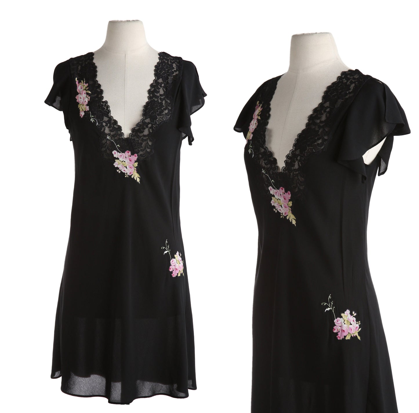 Y2K Black Casual Dress with Floral Print Details and Lace Collar