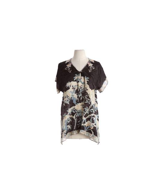 Vintage Floral Print Black Blouse - Estimated Era 1970's - 1980's