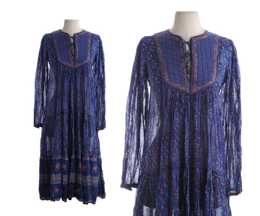 Vintage Boho Floral Print Purple Indian Dress by Starina - Estimated Era 1970's - 1980's