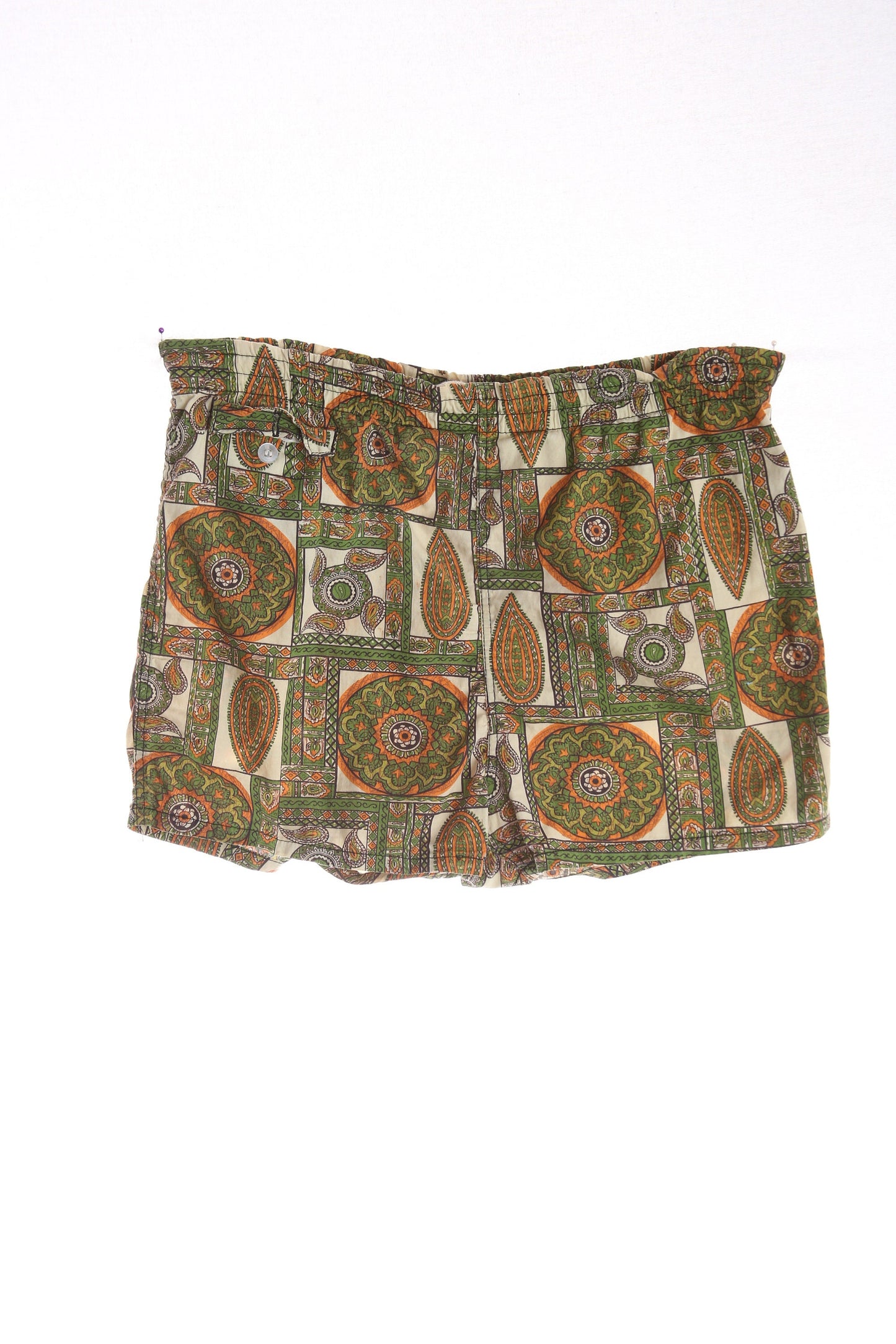 Vintage Men Swim Trunks with Green Paisley Hawaiian Print Estimated Era 1940's - 1950's