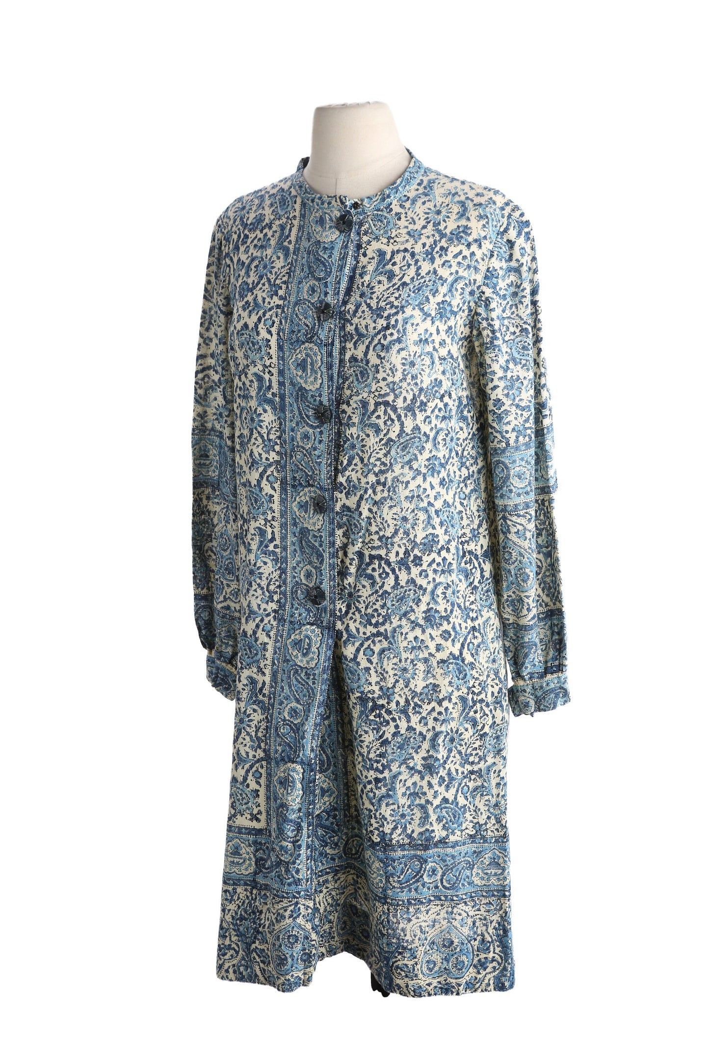 Vintage Women Block Print Blue Paisley Button Down Dress Boho