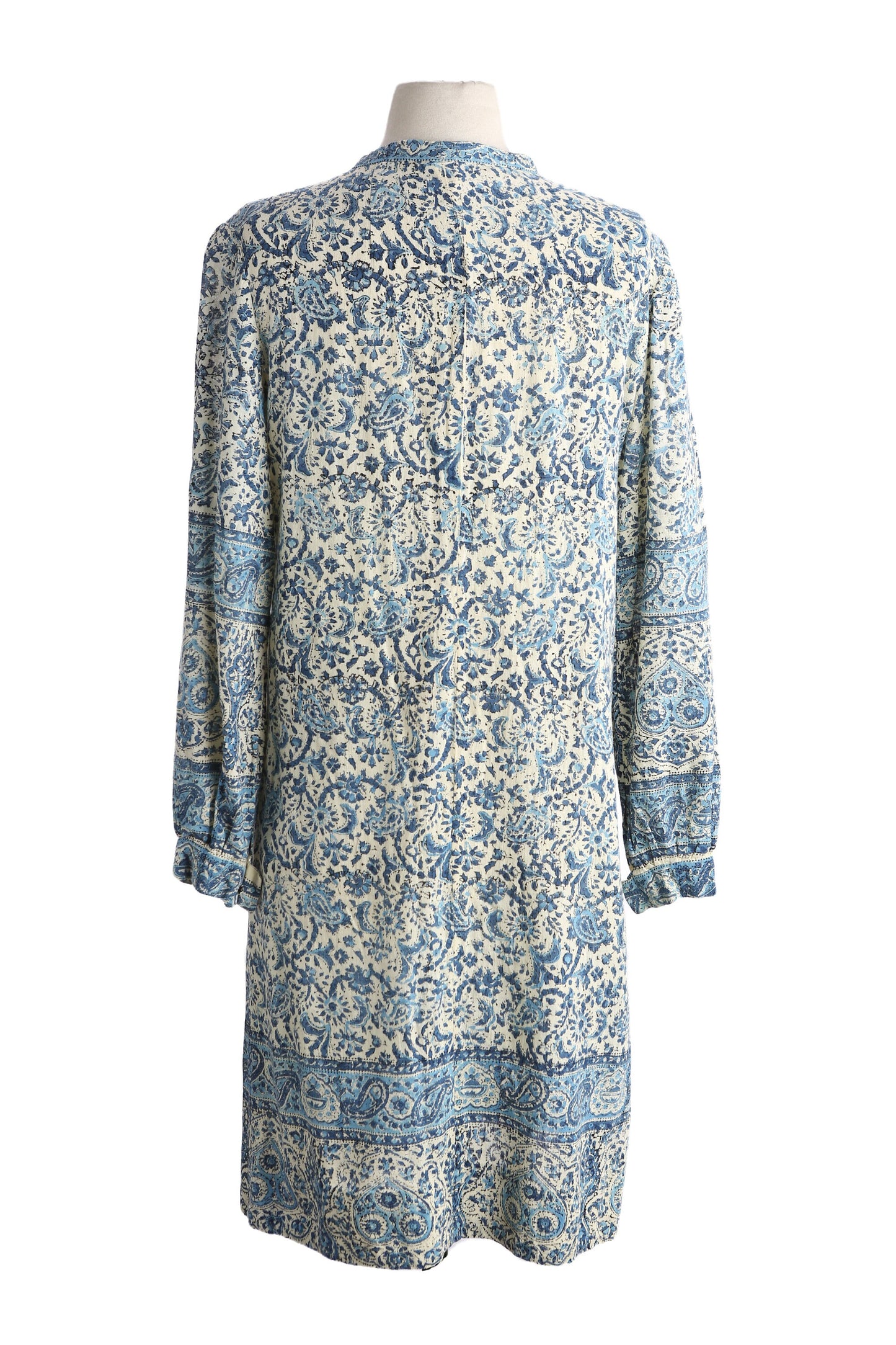 Vintage Women Block Print Blue Paisley Button Down Dress Boho