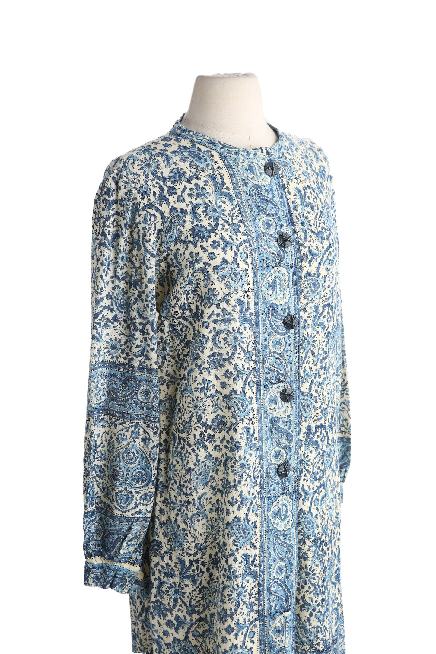 Vintage Women Block Print Blue Paisley Button Down Dress Boho