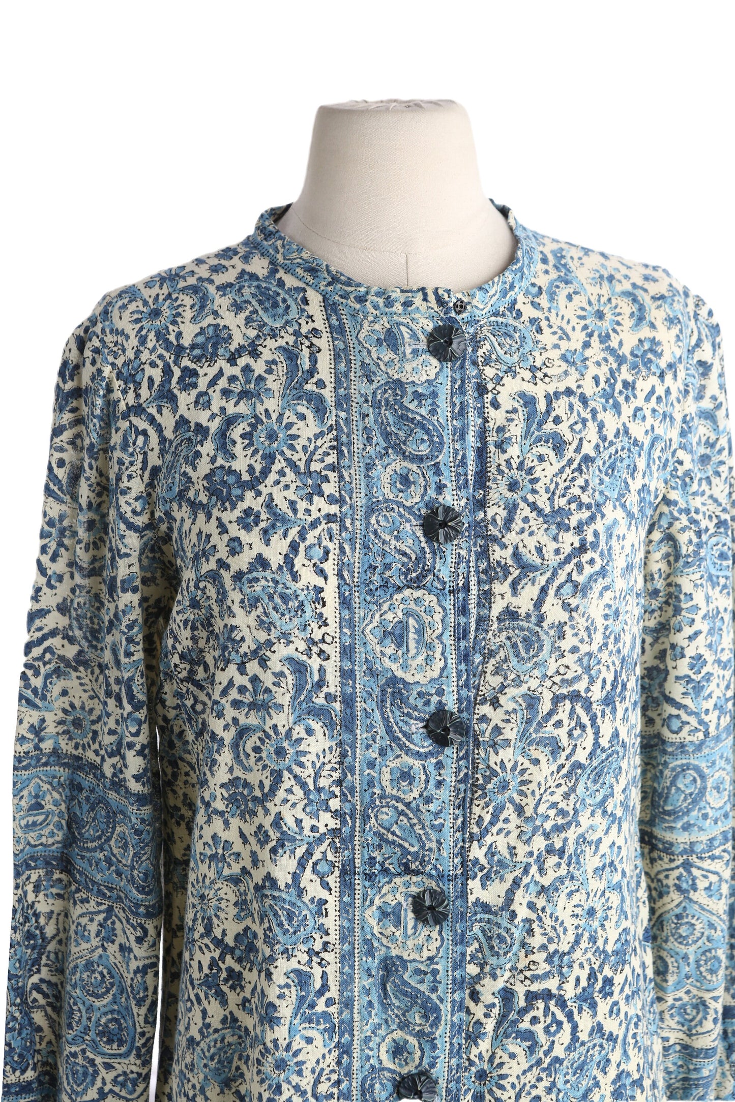 Vintage Women Block Print Blue Paisley Button Down Dress Boho