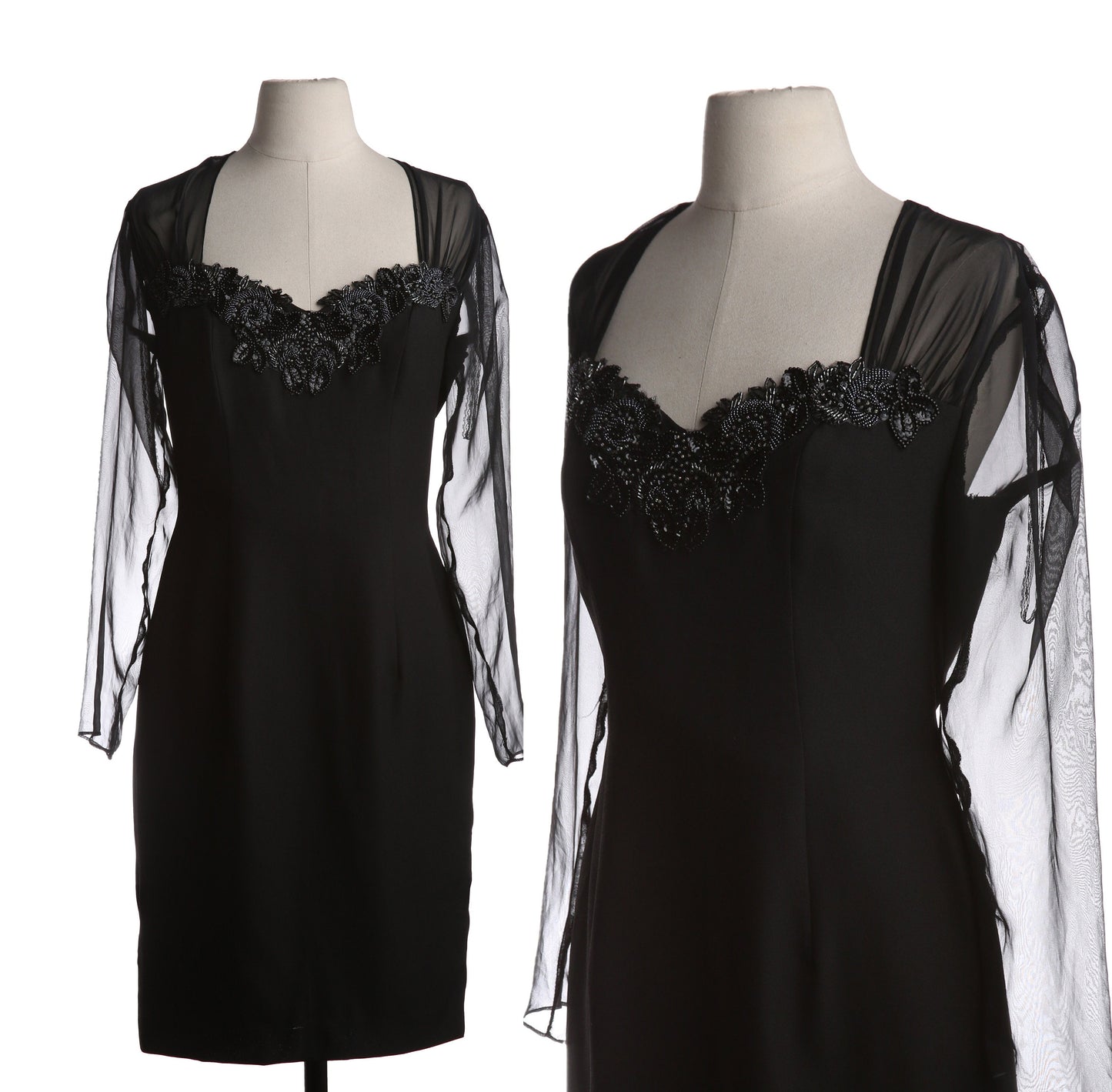 90s Women's Black Evening Dress with Sheer Sleeves